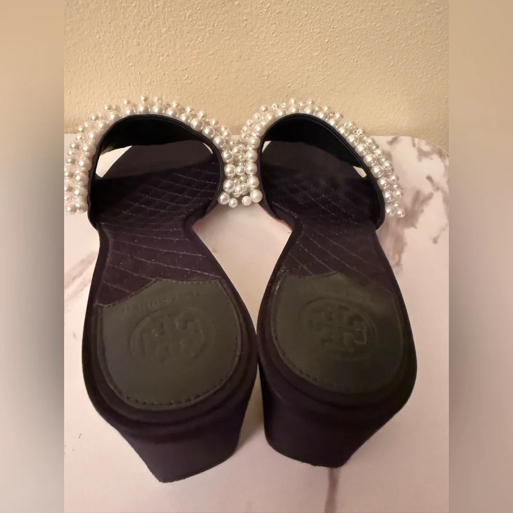 Tory Burch Black Sandal Heels with Pearl Fringe